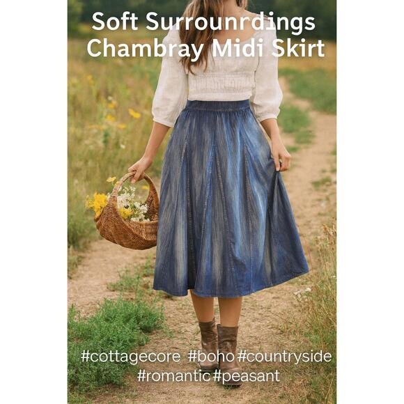 Soft Surroundings Dresses & Skirts - Soft Surroundings Chambray Denim Midi Skirt PM Elastic Waist Boho Cottagecore